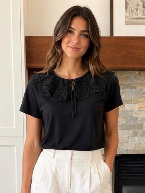 Allison Andrews Lace Collar Short Sleeve Top | Black | Size Small | Feminine
